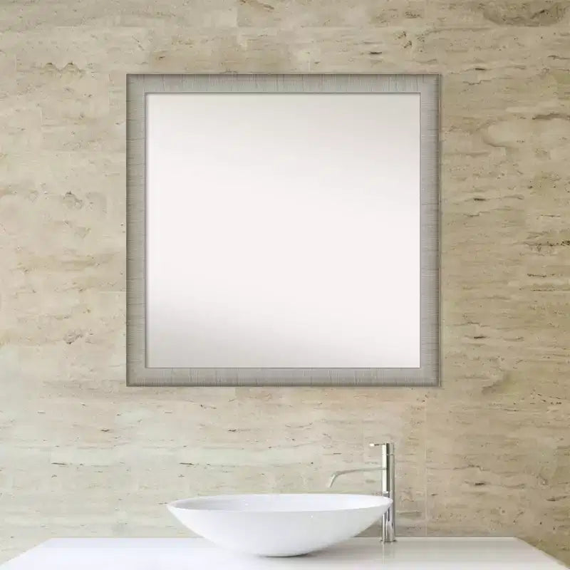 Miroir mural de salle de bain élégant sans biseau, 74 x 74 cm, finition étain brossé : carré, fixation murale, quincaillerie incluse
