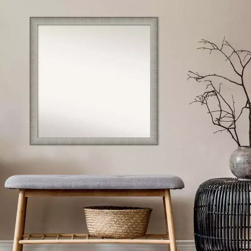 Miroir mural de salle de bain élégant sans biseau, 74 x 74 cm, finition étain brossé : carré, fixation murale, quincaillerie incluse