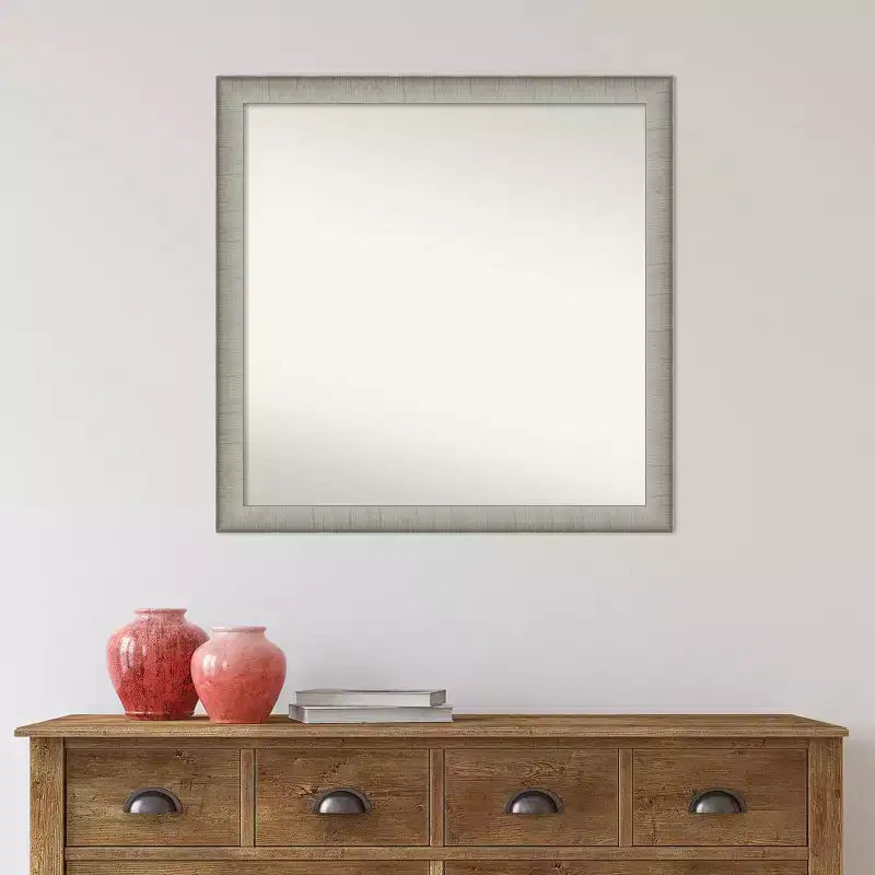 Miroir mural de salle de bain élégant sans biseau, 74 x 74 cm, finition étain brossé : carré, fixation murale, quincaillerie incluse