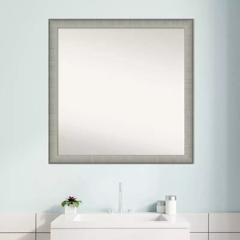 Miroir mural de salle de bain élégant sans biseau, 74 x 74 cm, finition étain brossé : carré, fixation murale, quincaillerie incluse