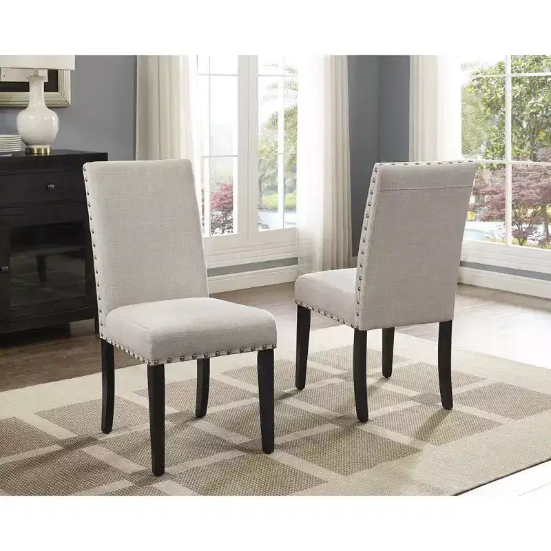 Roundhill Furniture Biony Fabric Dining Chairs with Nailhead Trim, Tan, Set of 2