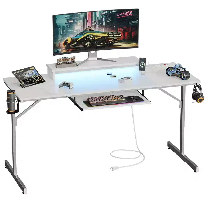 Bureau gaming de 63 pouces avec lumières LED et prises de courant, bureau d'ordinateur avec support d'écran et tiroir clavier pour bureau à domicile