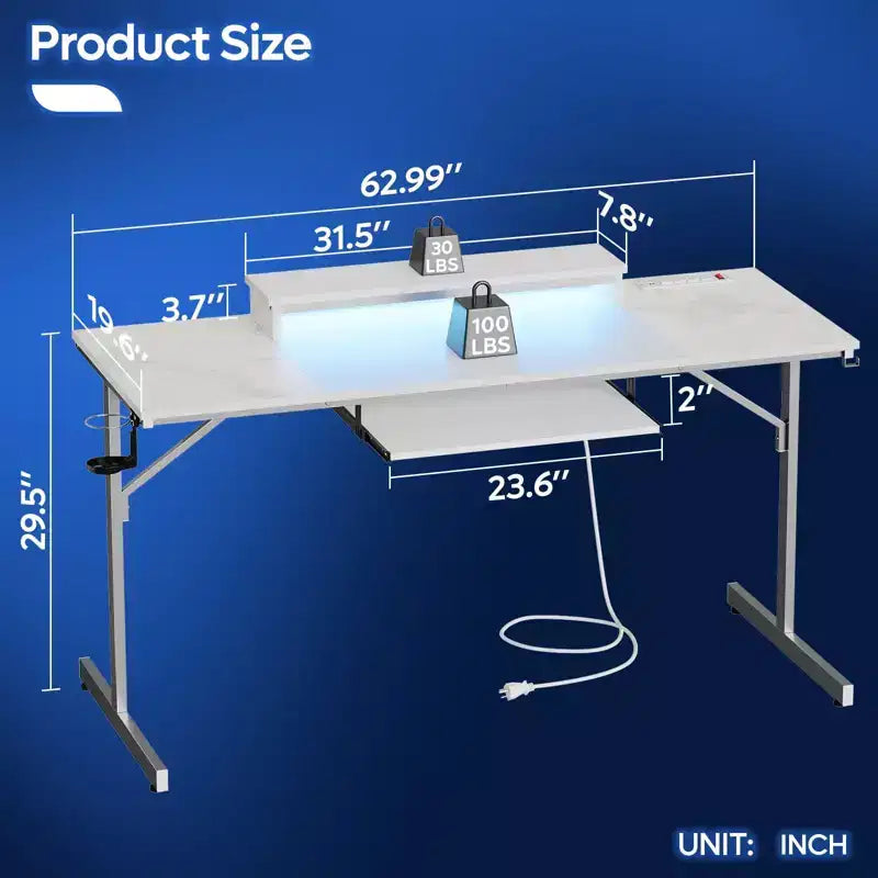 Bureau gaming de 63 pouces avec lumières LED et prises de courant, bureau d'ordinateur avec support d'écran et tiroir clavier pour bureau à domicile