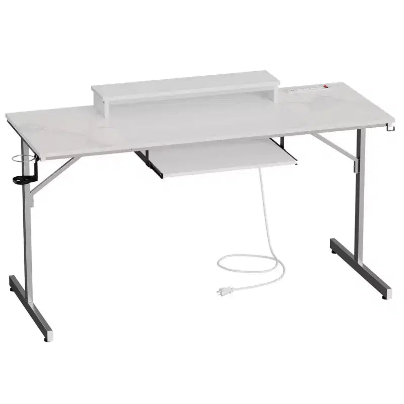 Bureau gaming de 63 pouces avec lumières LED et prises de courant, bureau d'ordinateur avec support d'écran et tiroir clavier pour bureau à domicile