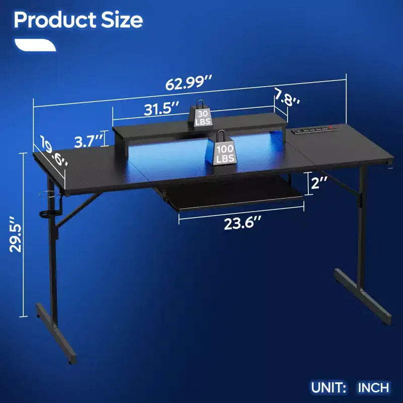 Bureau gaming de 63 pouces avec lumières LED et prises de courant, bureau d'ordinateur avec support d'écran et tiroir clavier pour bureau à domicile