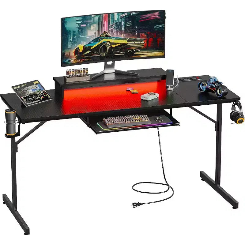Bureau gaming de 63 pouces avec lumières LED et prises de courant, bureau d'ordinateur avec support d'écran et tiroir clavier pour bureau à domicile