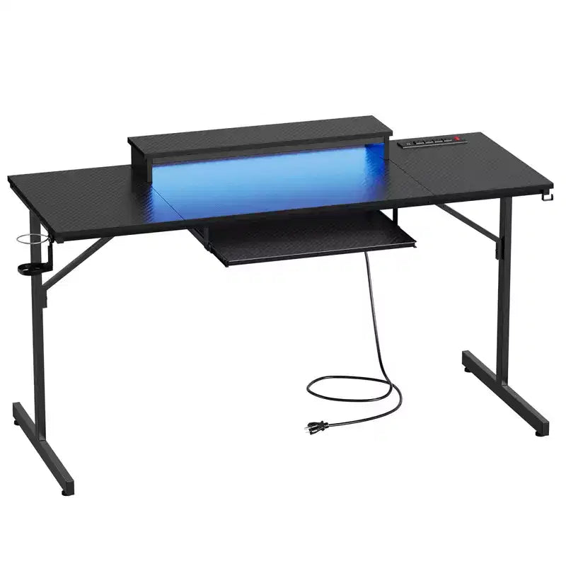 Bureau gaming de 63 pouces avec lumières LED et prises de courant, bureau d'ordinateur avec support d'écran et tiroir clavier pour bureau à domicile
