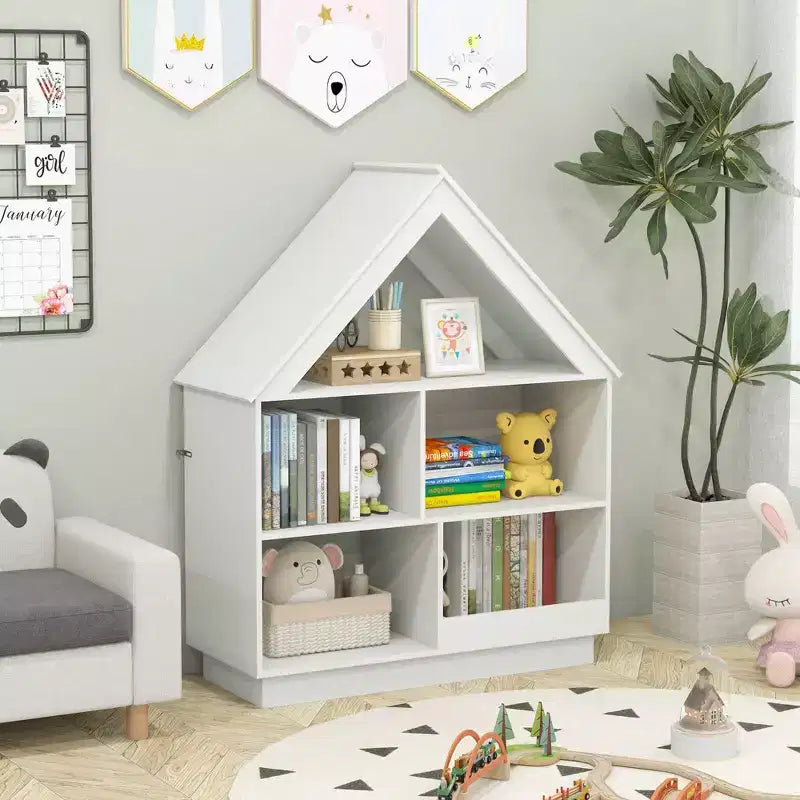 Bibliothèque pour enfants en bois avec étagères ouvertes, système anti-basculement, blanc/marron