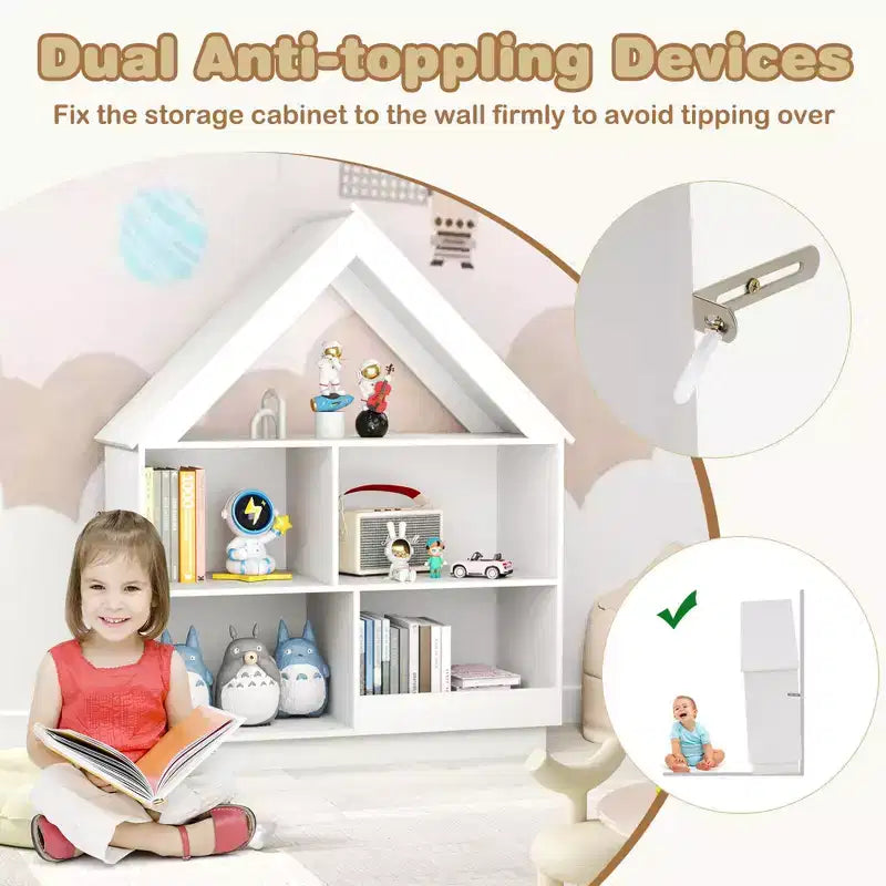 Bibliothèque pour enfants en bois avec étagères ouvertes, système anti-basculement, blanc/marron