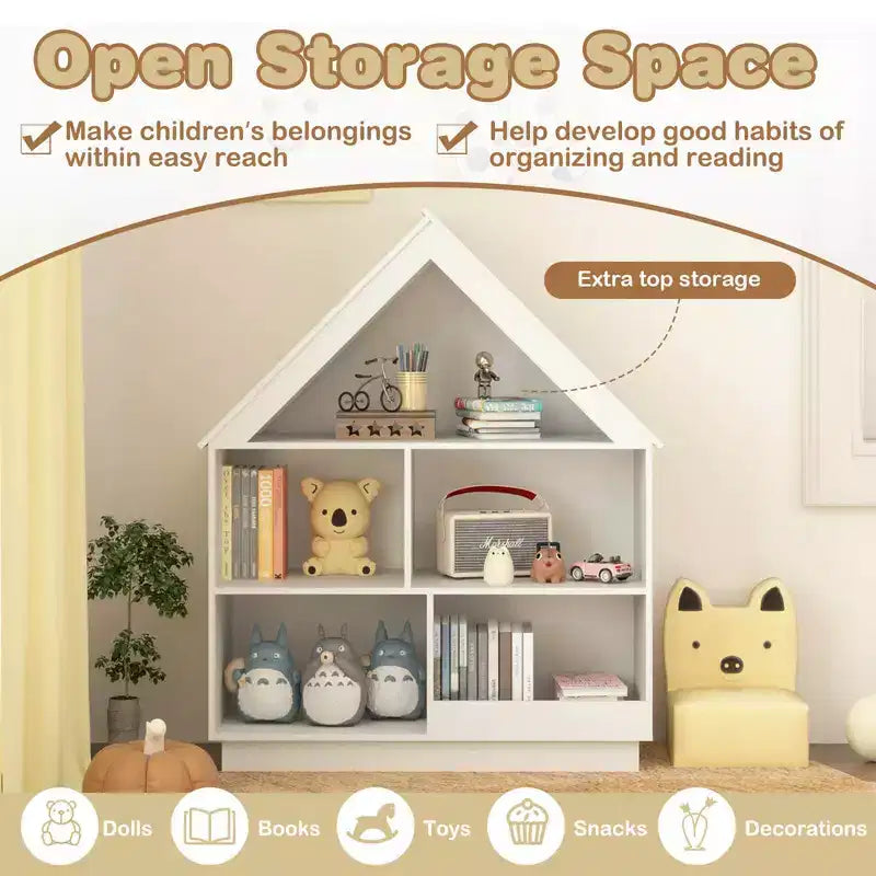 Bibliothèque pour enfants en bois avec étagères ouvertes, système anti-basculement, blanc/marron