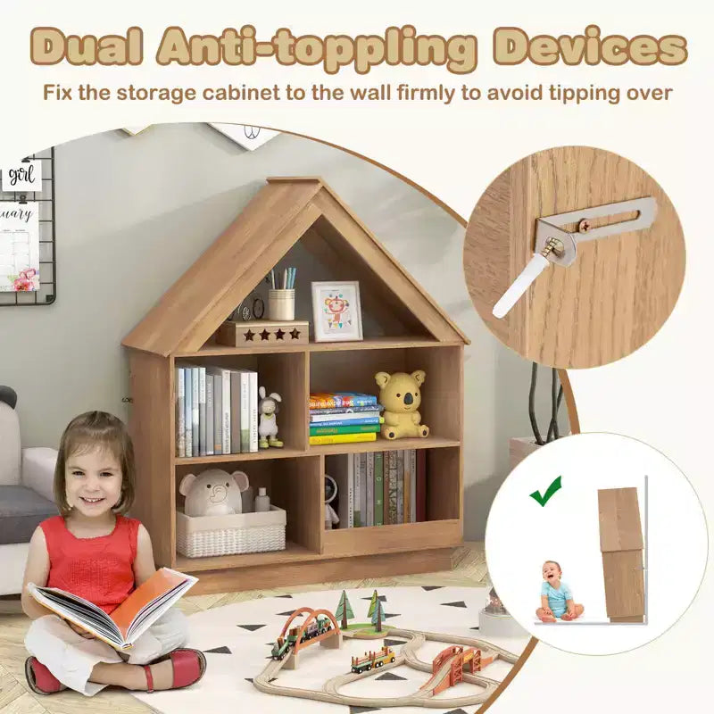 Bibliothèque pour enfants en bois avec étagères ouvertes, système anti-basculement, blanc/marron