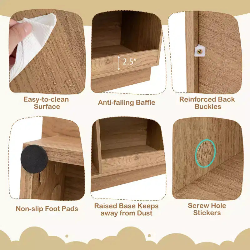 Bibliothèque pour enfants en bois avec étagères ouvertes, système anti-basculement, blanc/marron