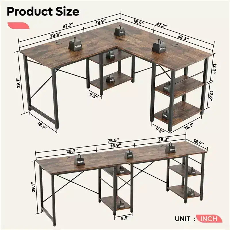 Bureau d'ordinateur d'angle en L de 119 cm, bureau de travail réversible avec étagères réglables, table d'étude pour 2 personnes pour petit espace de bureau à domicile