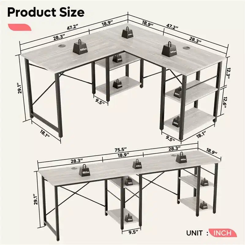 Bureau d'ordinateur d'angle en L de 119 cm, bureau de travail réversible avec étagères réglables, table d'étude pour 2 personnes pour petit espace de bureau à domicile