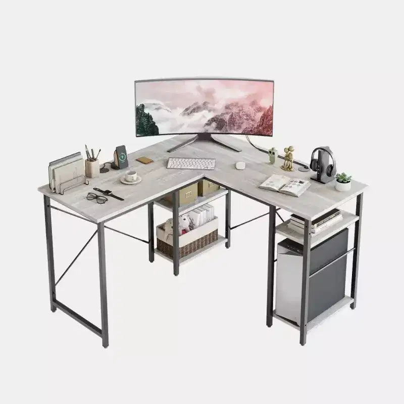 Bureau d'ordinateur d'angle en L de 119 cm, bureau de travail réversible avec étagères réglables, table d'étude pour 2 personnes pour petit espace de bureau à domicile