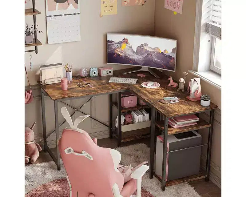 Bureau d'ordinateur d'angle en L de 119 cm, bureau de travail réversible avec étagères réglables, table d'étude pour 2 personnes pour petit espace de bureau à domicile