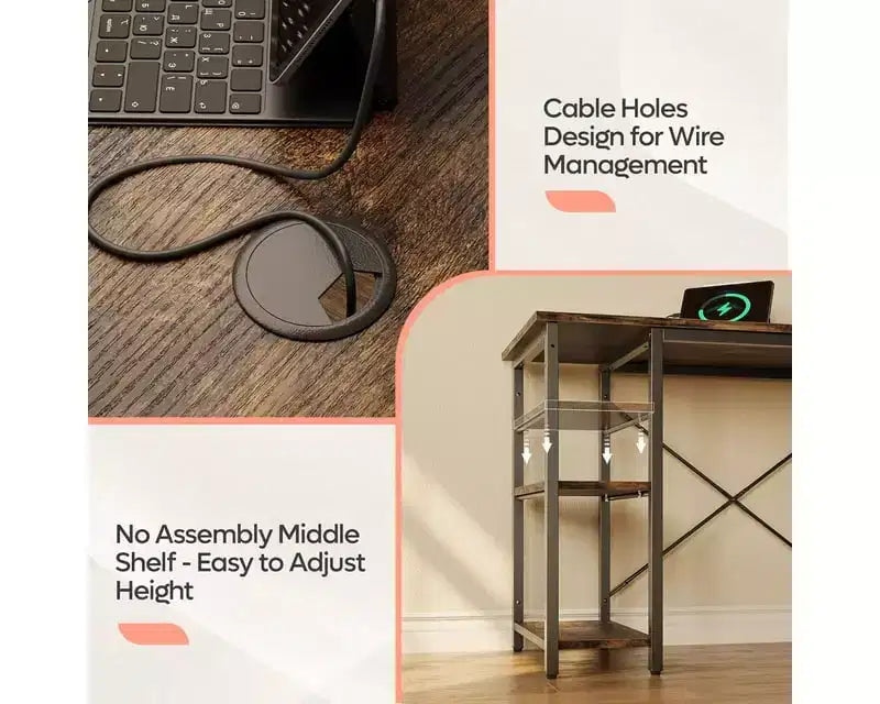 Bureau d'ordinateur d'angle en L de 119 cm, bureau de travail réversible avec étagères réglables, table d'étude pour 2 personnes pour petit espace de bureau à domicile