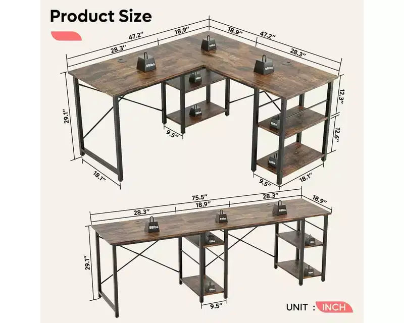 Bureau d'ordinateur d'angle en L de 119 cm, bureau de travail réversible avec étagères réglables, table d'étude pour 2 personnes pour petit espace de bureau à domicile