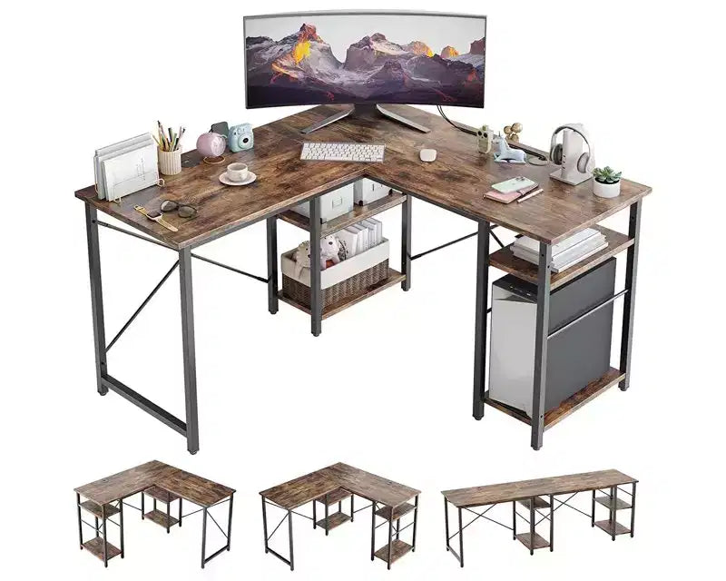 Bureau d'ordinateur d'angle en L de 119 cm, bureau de travail réversible avec étagères réglables, table d'étude pour 2 personnes pour petit espace de bureau à domicile