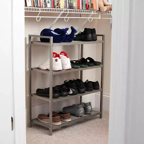 Étagère à chaussures en métal à 4 niveaux, étagères grillagées avec supports centraux, cadre durable avec poignées, capacité de 12 paires, nickel