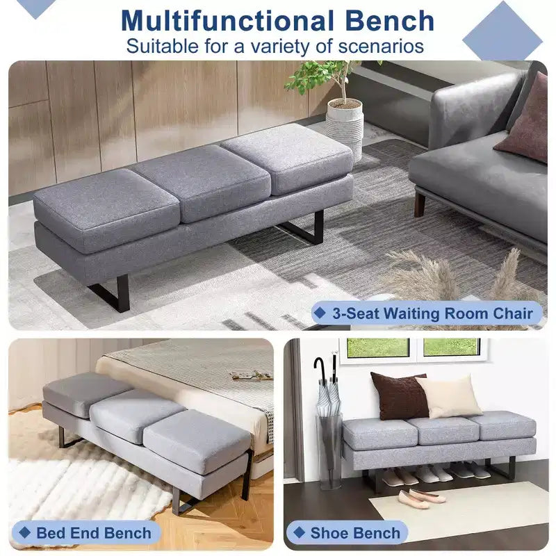 Banc d'attente avec pieds en métal, rembourré, pour réception, noir/gris