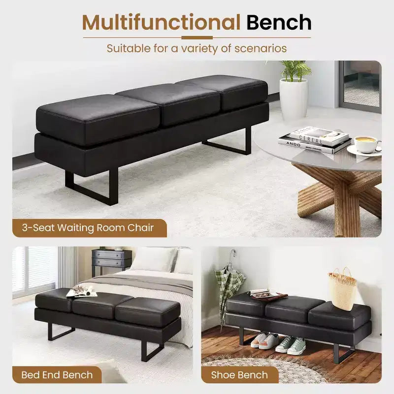 Banc d'attente avec pieds en métal, rembourré, pour réception, noir/gris