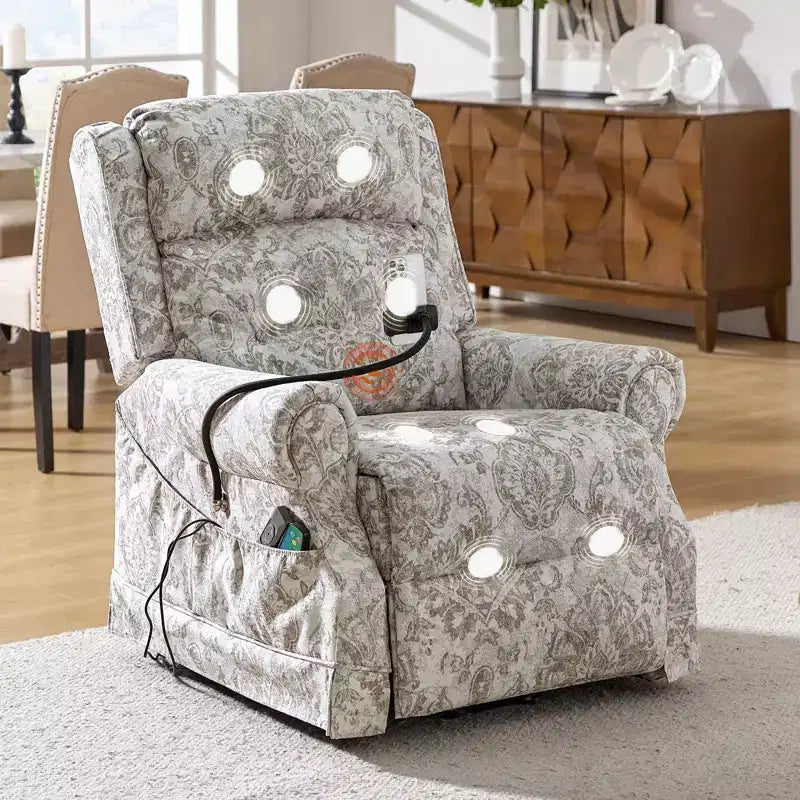 Fauteuil inclinable électrique avec fonction releveur, massage et chauffage – Damassé / Bleu marine