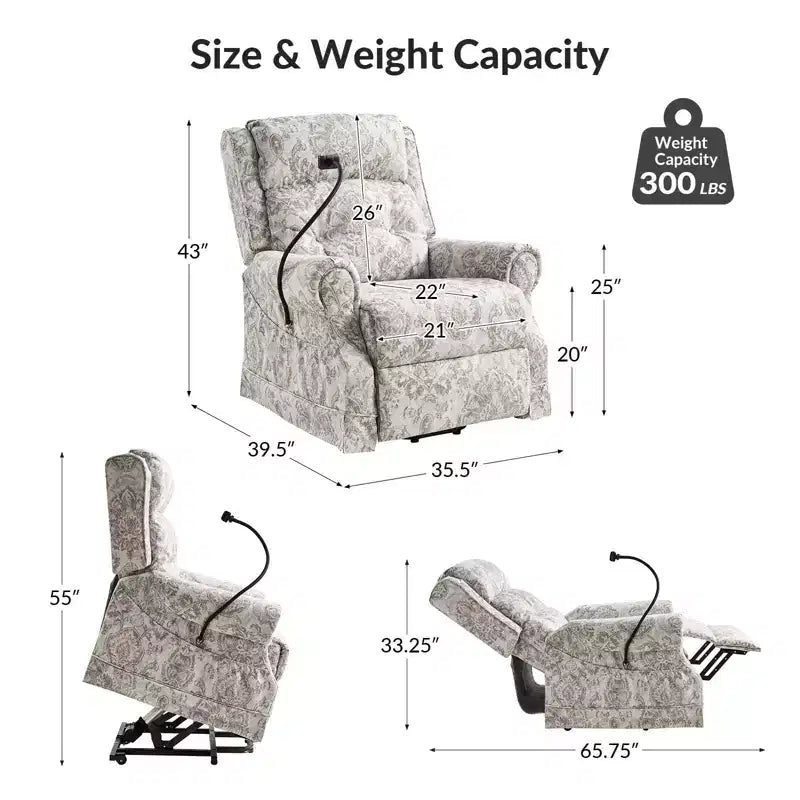 Fauteuil inclinable électrique avec fonction releveur, massage et chauffage – Damassé / Bleu marine