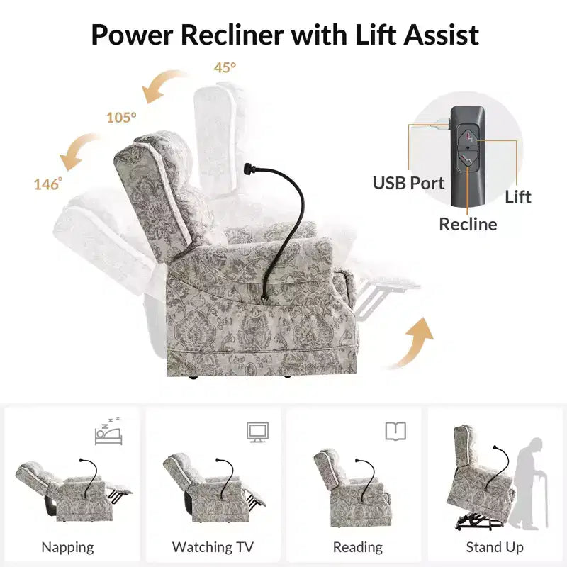 Fauteuil inclinable électrique avec fonction releveur, massage et chauffage – Damassé / Bleu marine