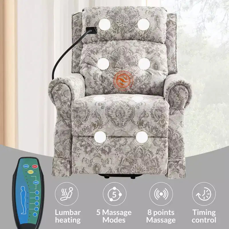 Fauteuil inclinable électrique avec fonction releveur, massage et chauffage – Damassé / Bleu marine
