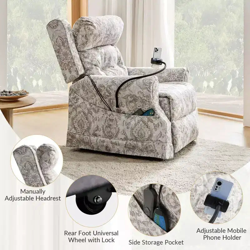 Fauteuil inclinable électrique avec fonction releveur, massage et chauffage – Damassé / Bleu marine
