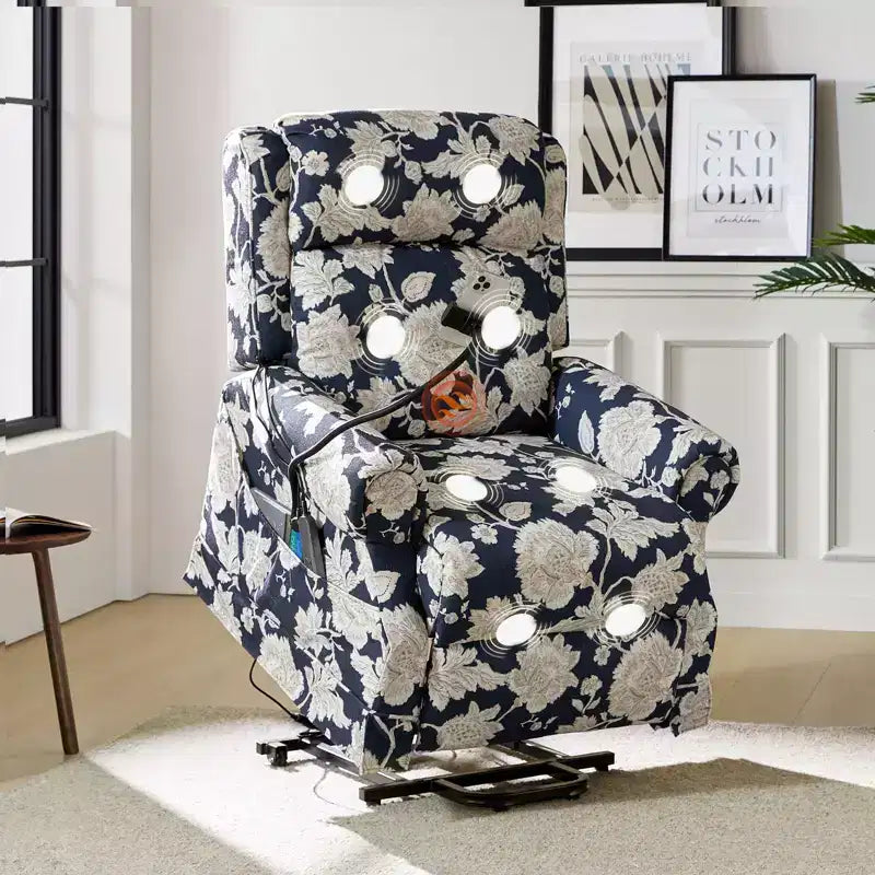 Fauteuil inclinable électrique avec fonction releveur, massage et chauffage – Damassé / Bleu marine
