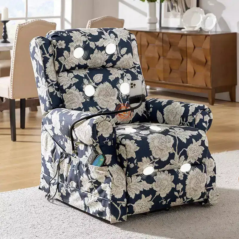 Fauteuil inclinable électrique avec fonction releveur, massage et chauffage – Damassé / Bleu marine