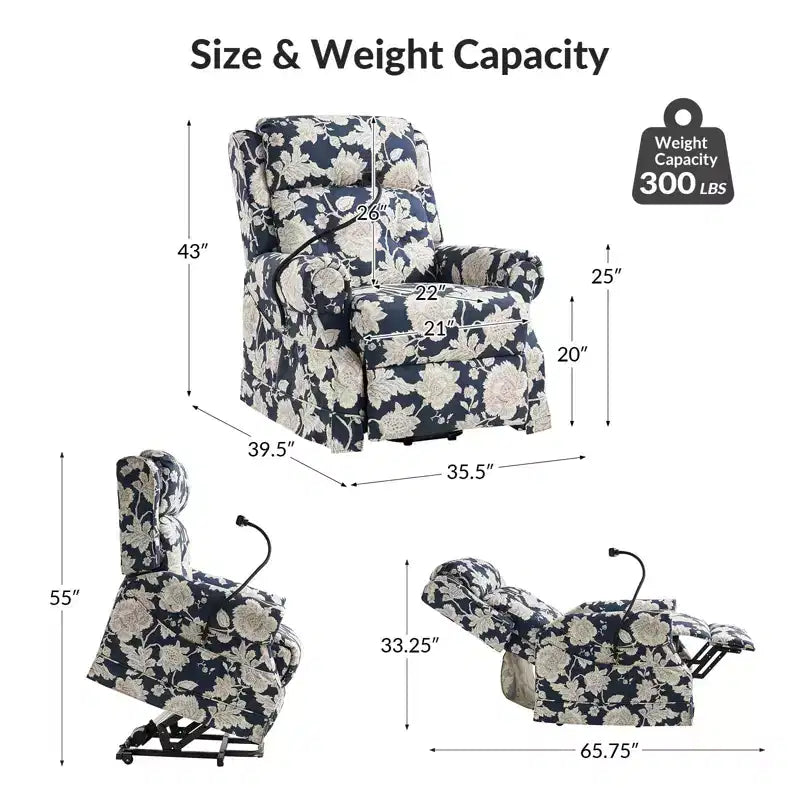 Fauteuil inclinable électrique avec fonction releveur, massage et chauffage – Damassé / Bleu marine