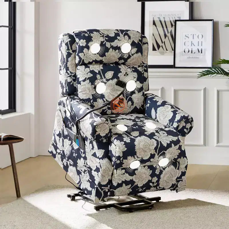 Fauteuil inclinable électrique avec fonction releveur, massage et chauffage – Damassé / Bleu marine