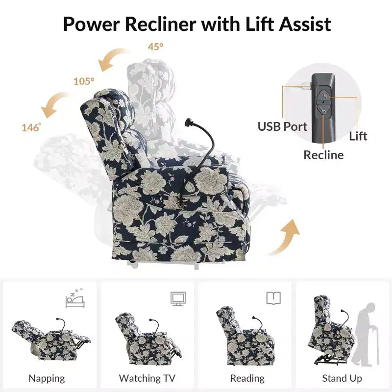 Fauteuil inclinable électrique avec fonction releveur, massage et chauffage – Damassé / Bleu marine