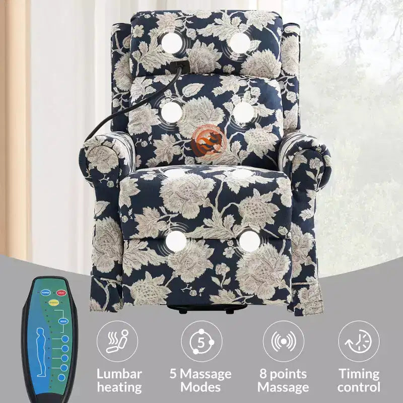 Fauteuil inclinable électrique avec fonction releveur, massage et chauffage – Damassé / Bleu marine