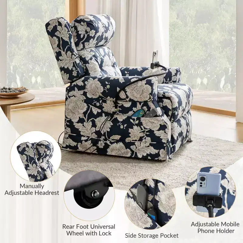 Fauteuil inclinable électrique avec fonction releveur, massage et chauffage – Damassé / Bleu marine