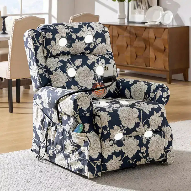 Fauteuil inclinable électrique avec fonction releveur, massage et chauffage – Damassé / Bleu marine