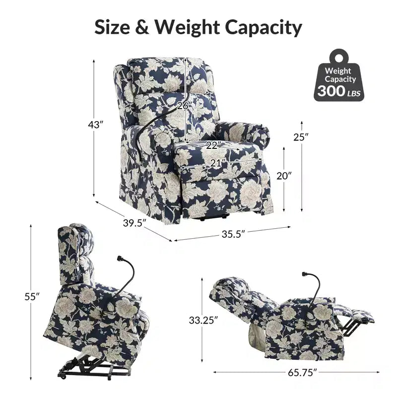 Fauteuil inclinable électrique avec fonction releveur, massage et chauffage – Damassé / Bleu marine