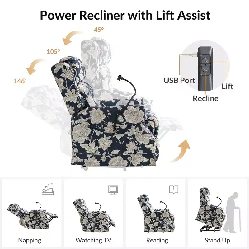Fauteuil inclinable électrique avec fonction releveur, massage et chauffage – Damassé / Bleu marine