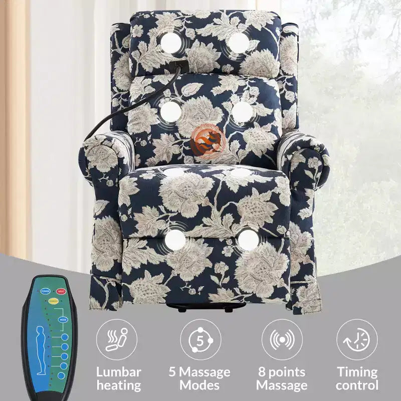 Fauteuil inclinable électrique avec fonction releveur, massage et chauffage – Damassé / Bleu marine