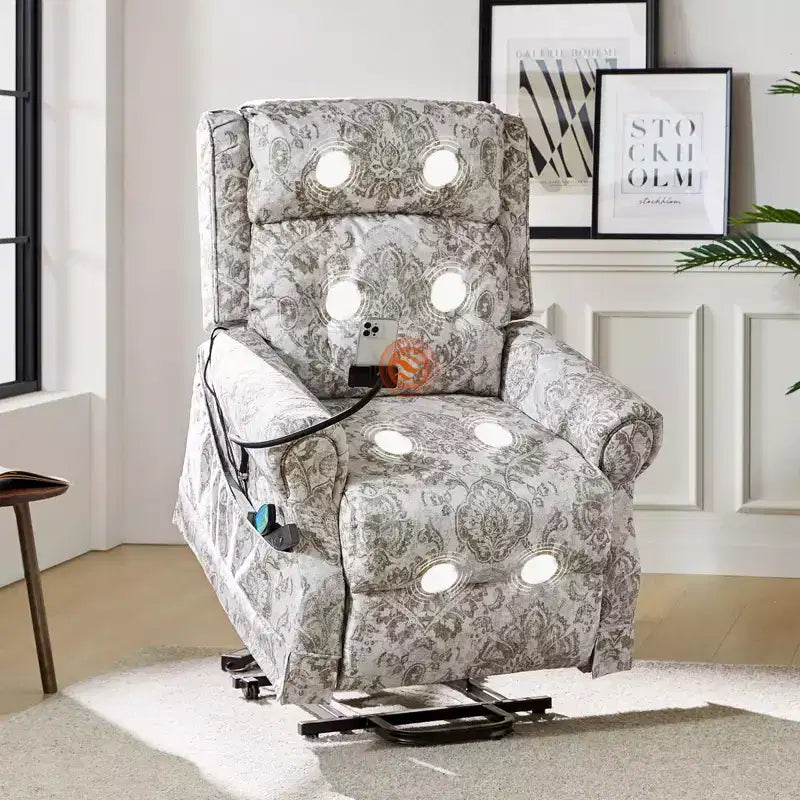 Fauteuil inclinable électrique avec fonction releveur, massage et chauffage – Damassé / Bleu marine