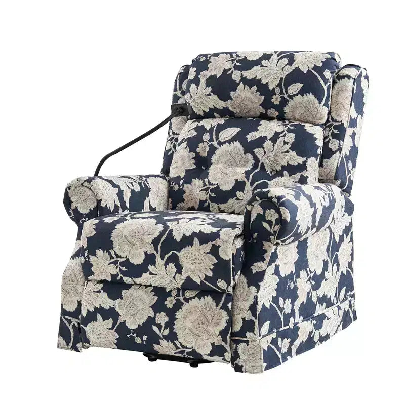 Fauteuil inclinable électrique avec fonction releveur, massage et chauffage – Damassé / Bleu marine