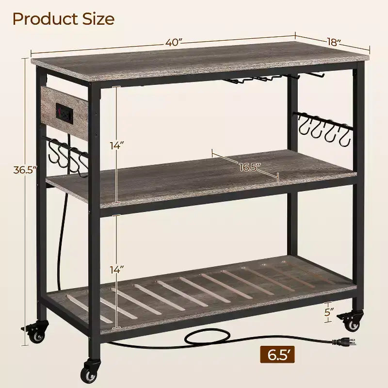 Îlot de Cuisine Roulant avec Station de Recharge – Marron Rustique / Bois Taupe