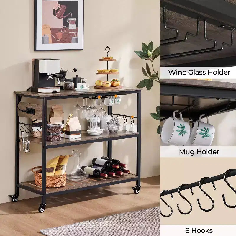Îlot de Cuisine Roulant avec Station de Recharge – Marron Rustique / Bois Taupe