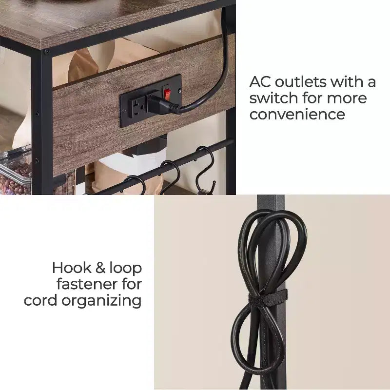 Îlot de Cuisine Roulant avec Station de Recharge – Marron Rustique / Bois Taupe