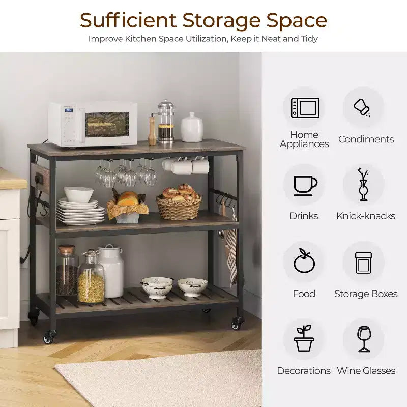 Îlot de Cuisine Roulant avec Station de Recharge – Marron Rustique / Bois Taupe