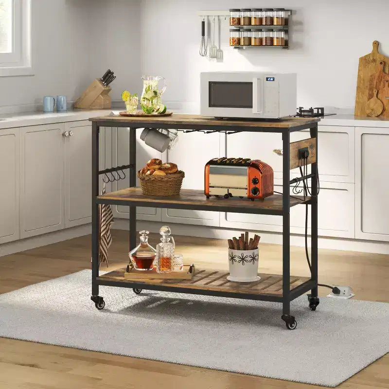 Îlot de Cuisine Roulant avec Station de Recharge – Marron Rustique / Bois Taupe
