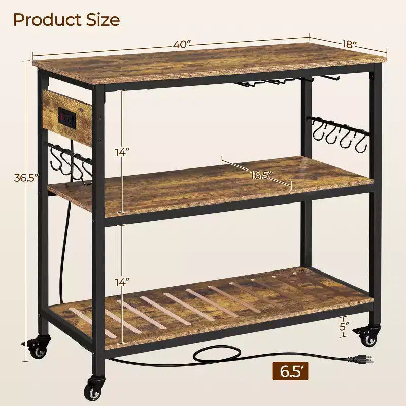 Îlot de Cuisine Roulant avec Station de Recharge – Marron Rustique / Bois Taupe